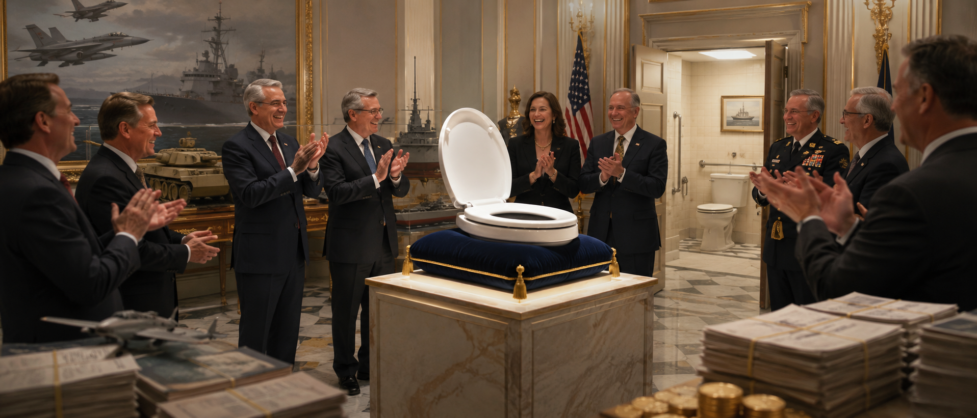 Funcionarios celebrando una tapa de inodoro de lujo como símbolo de gasto excesivo