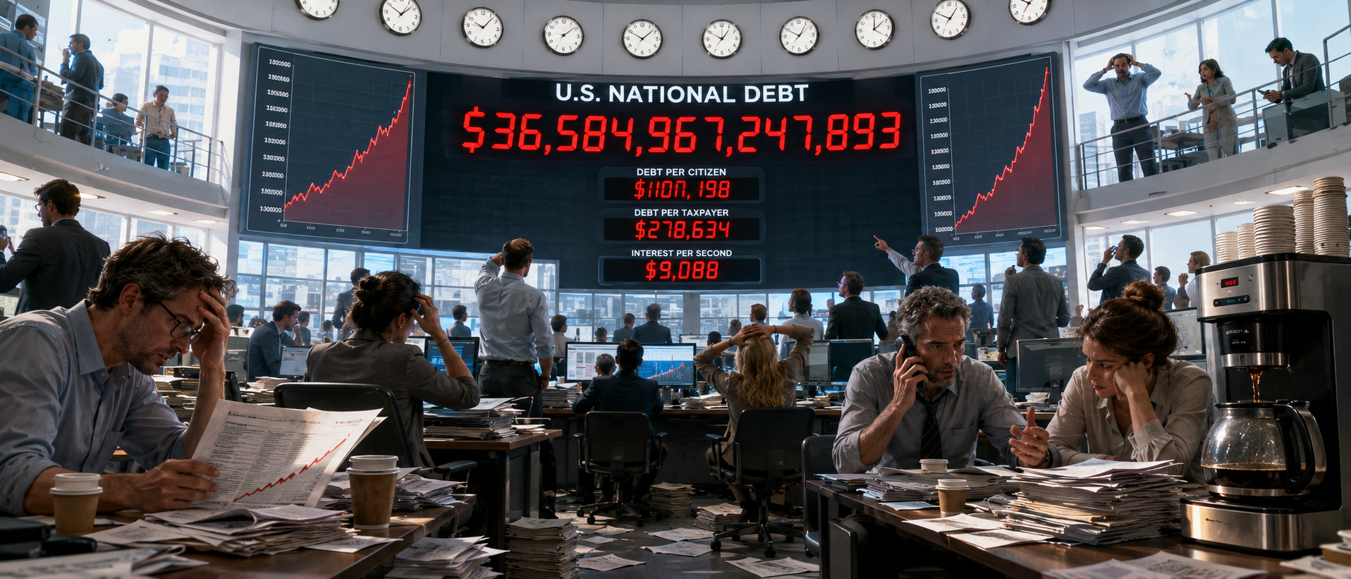 Sala financiera con pantallas mostrando la deuda nacional de Estados Unidos